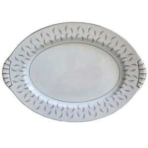 Kent Japan Normandy Oval 15" Serving Platter Blue Gray Leaves Silver Elegance